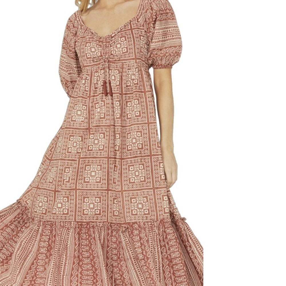 Cleobella Joely Southwestern Tribal Print Midi Smocked Dress Terracotta size XS